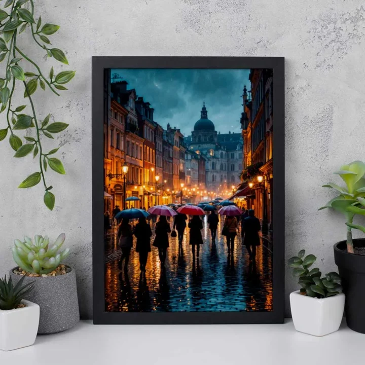 Rain Road with People Having Ambrella Amine Colourful Poster | Artistic Wall frame